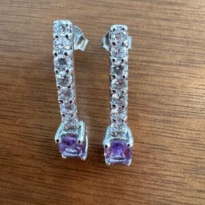 Sterling Silver Drop Bar Earrings with Amethyst and Diamonds